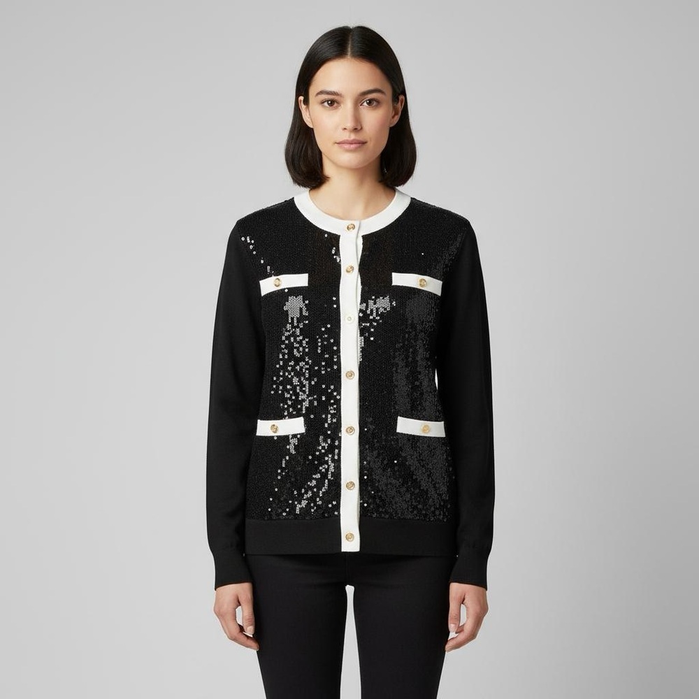 BCBG Black & Cream Sequin Knit Cardigan Holiday Fairy Grunge Whimsical Sz M